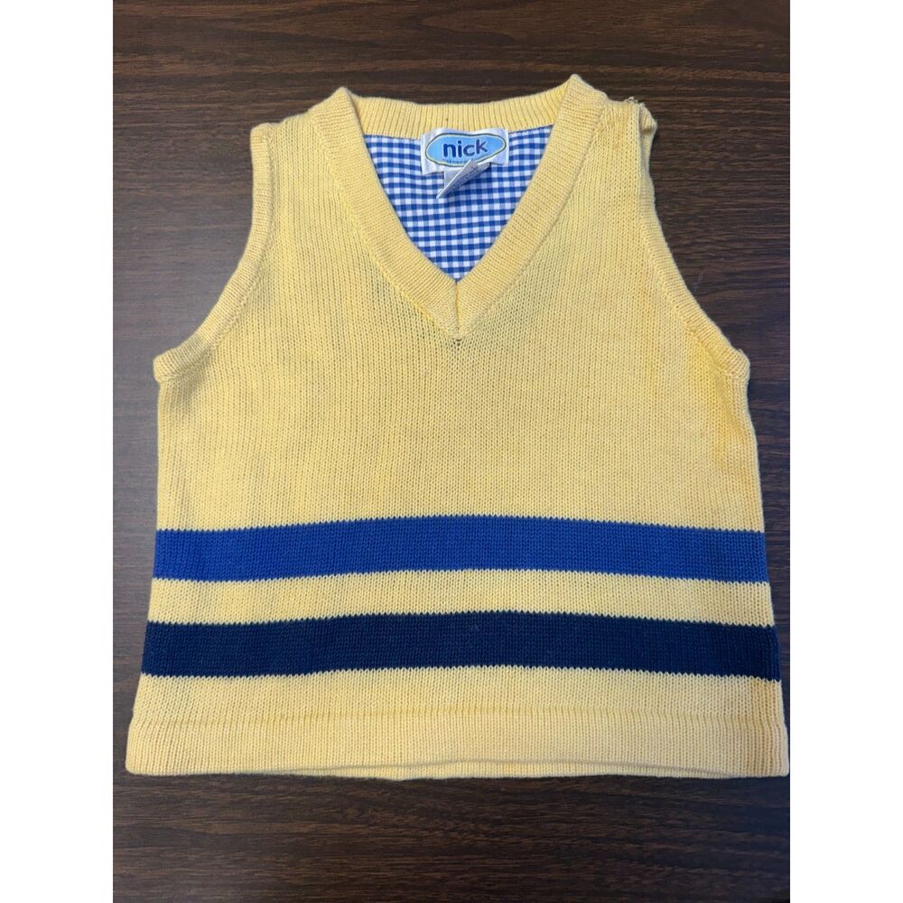 Vintage Nick Yellow Blue Stripe V-Neck Sweater Vest Ramie Cotton Sz S Preppy